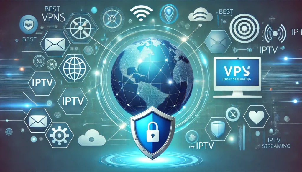 Illustration av säker IPTV-strömning med VPN, som visar en jordglob med nätverksanslutningar, säkerhetssköld och strömningssymboler, i en elegant blå, grön och vit färgpalett som representerar teknik och integritet.