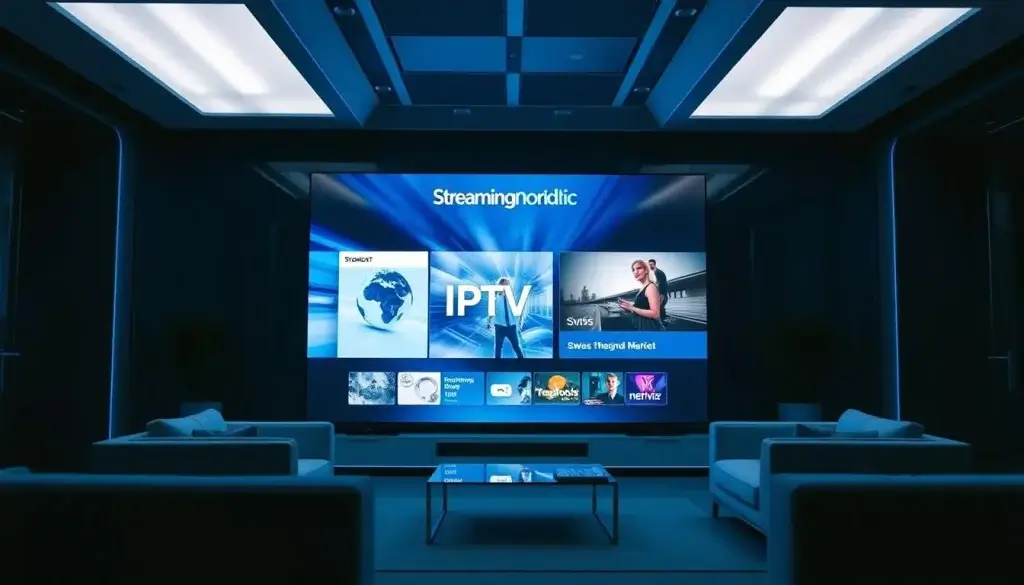 Moderne Wohnzimmeransicht mit IPTV Anbieter Streaming Nordic auf großem Smart-TV Bildschirm
