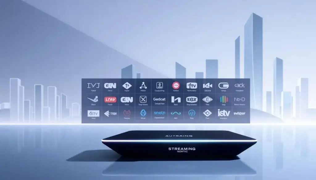 IPTV Set-Top-Box von Streaming Nordic mit Senderübersicht im futuristischen Design