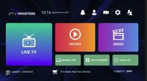 IPTV Smarters Pro Startbildschirm mit Optionen für Live-TV, Filme, Serien und EPG-Installation