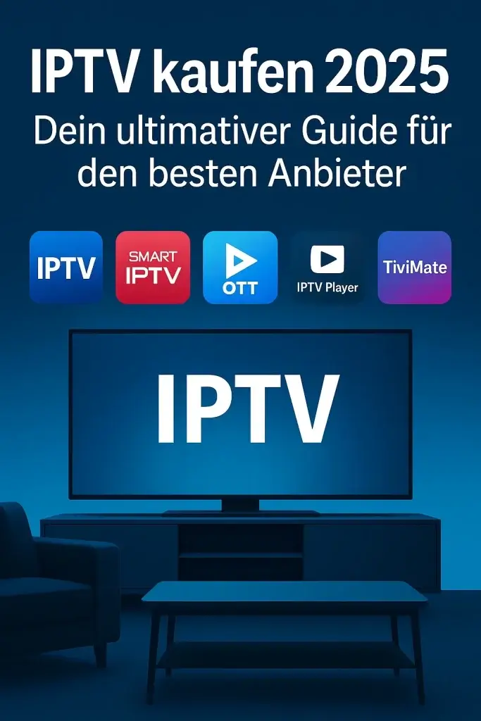 Moderne IPTV Benutzeroberfläche mit Streaming-Diensten auf verschiedenen Geräten wie Smart TV, Laptop und Smartphone – ideal für den Artikel „IPTV kaufen 2025“